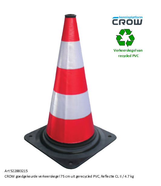 CROW verkeerskegel 75cm volreflectie van gerecycled PVC